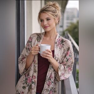 Women’s Silk Floral Robe OS ivory/pink